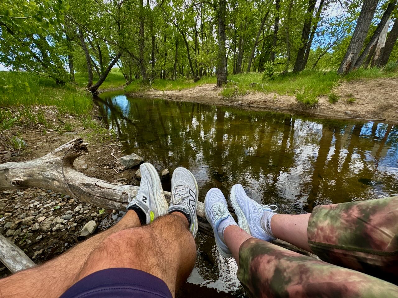 Beth and Adventure Hermit Showing off the New Balance Shoes that Carry us on the Denver Orbital Trail